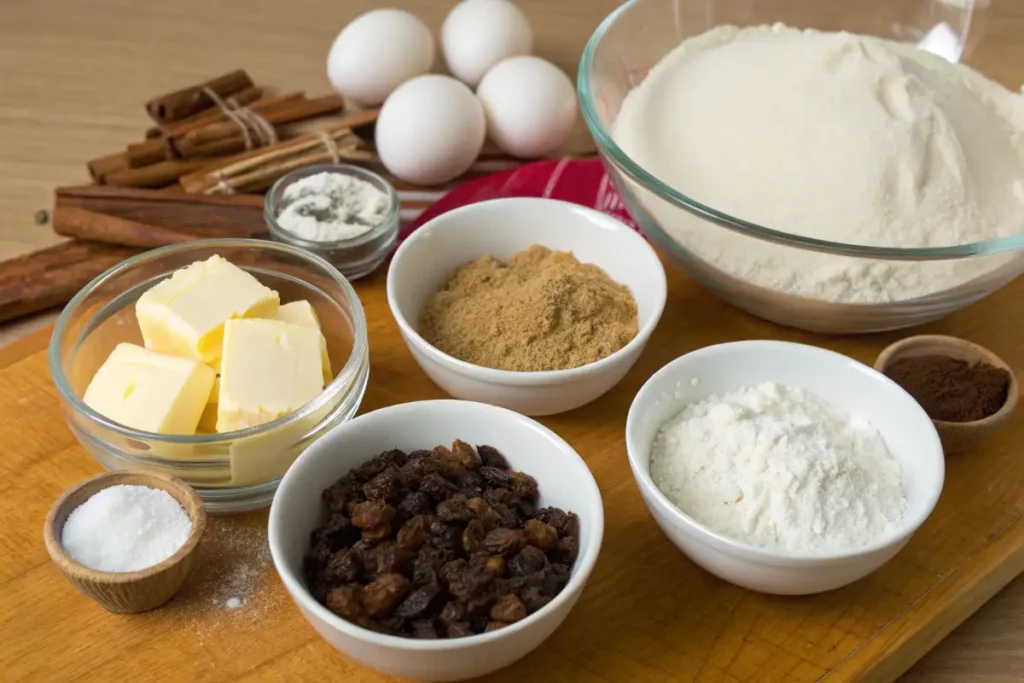 Grundzutaten für das perfekte Zimtschnecken Rezept Zutaten für Zimtschnecken – Butter, Mehl, Zucker, Rosinen, Eier, Zimt und Backpulver.