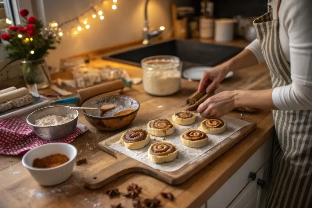Zimtschnecken Rezept Zimtschnecken werden zubereitet – Teig wird eingerollt und in Scheiben geschnitten.