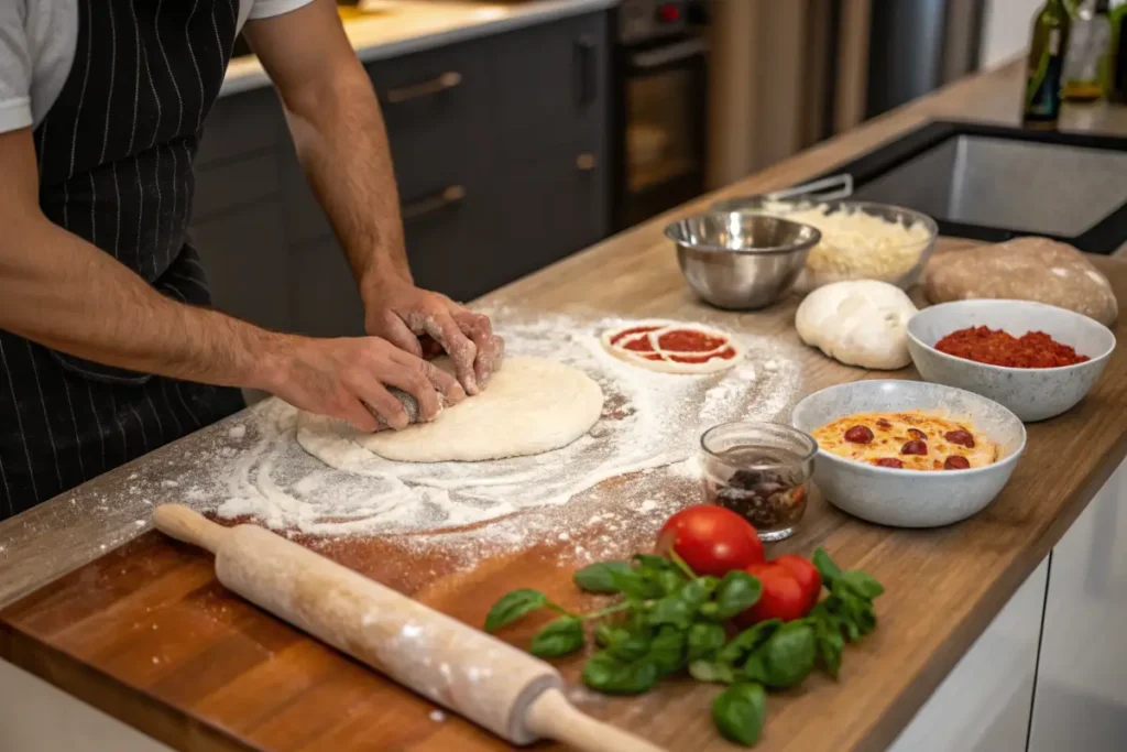 Pizzateig wird ausgerollt und mit Tomatensauce und frischen Zutaten belegt