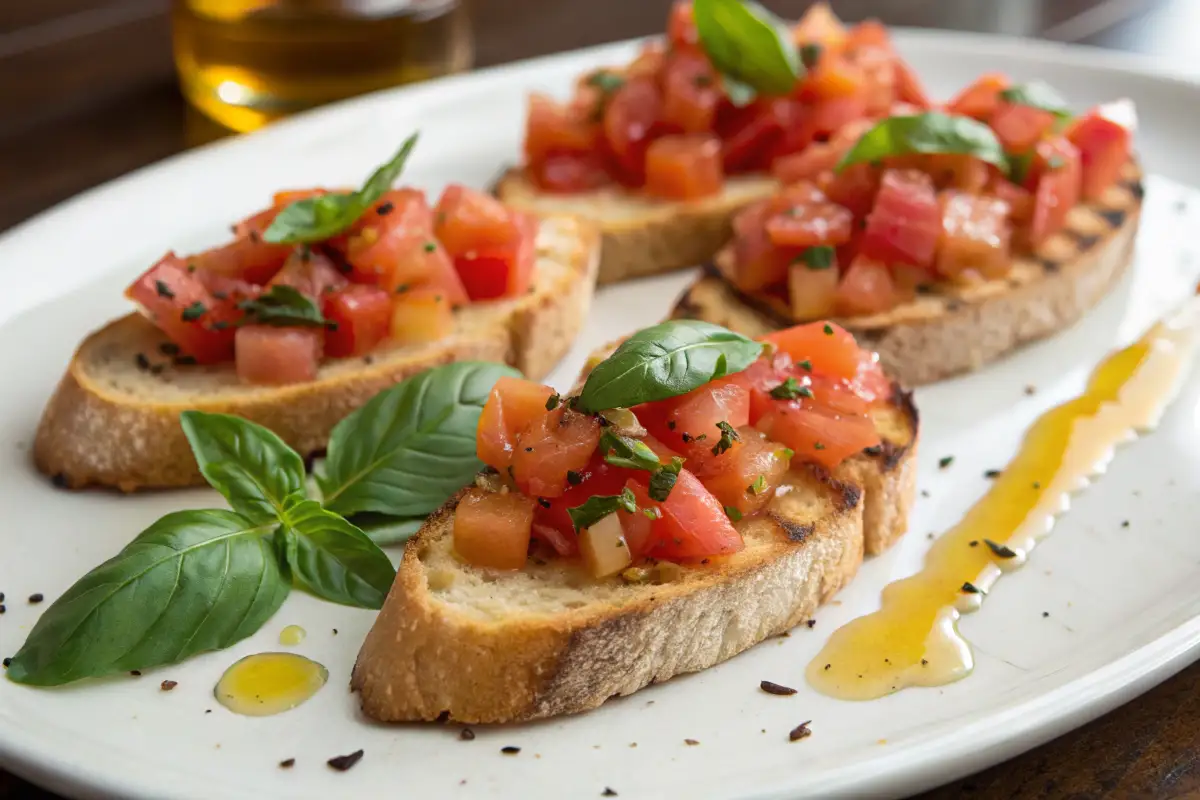 Drei Scheiben Bruschetta mit frischen Tomaten, Basilikum und Olivenöl auf geröstetem Brot.