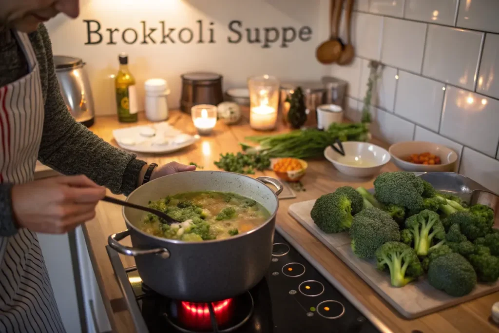 Person rührt Brokkolisuppe in einem Topf in der Küche.