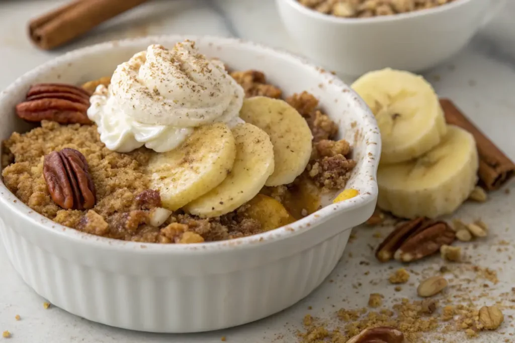 Crumble Rezepte – Bananen-Crumble Bananen-Crumble mit Pekannüssen und Schlagsahne in einer weißen Schale.