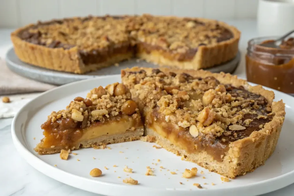 Crumble Rezepte – Karamell-Crumble-Torte Karamell-Crumble-Torte mit Erdnüssen auf einem Teller, ein Stück ist herausgeschnitten.