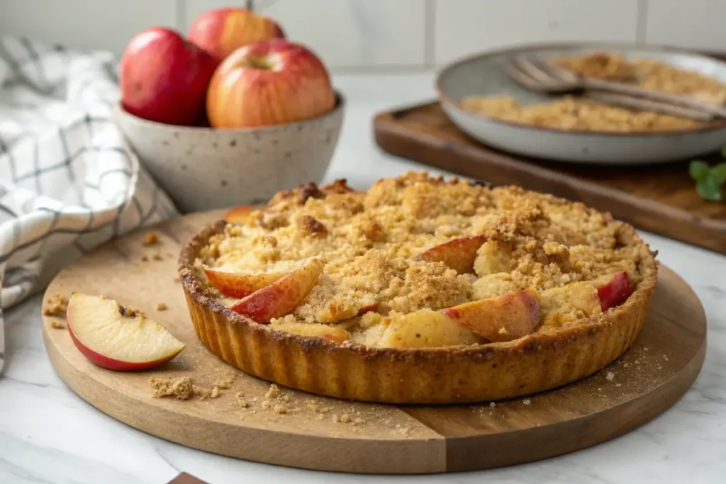 Die besten klassischen Crumble Rezepte Apfel-Crumble-Torte auf einem Holzbrett, daneben frische Äpfel.
