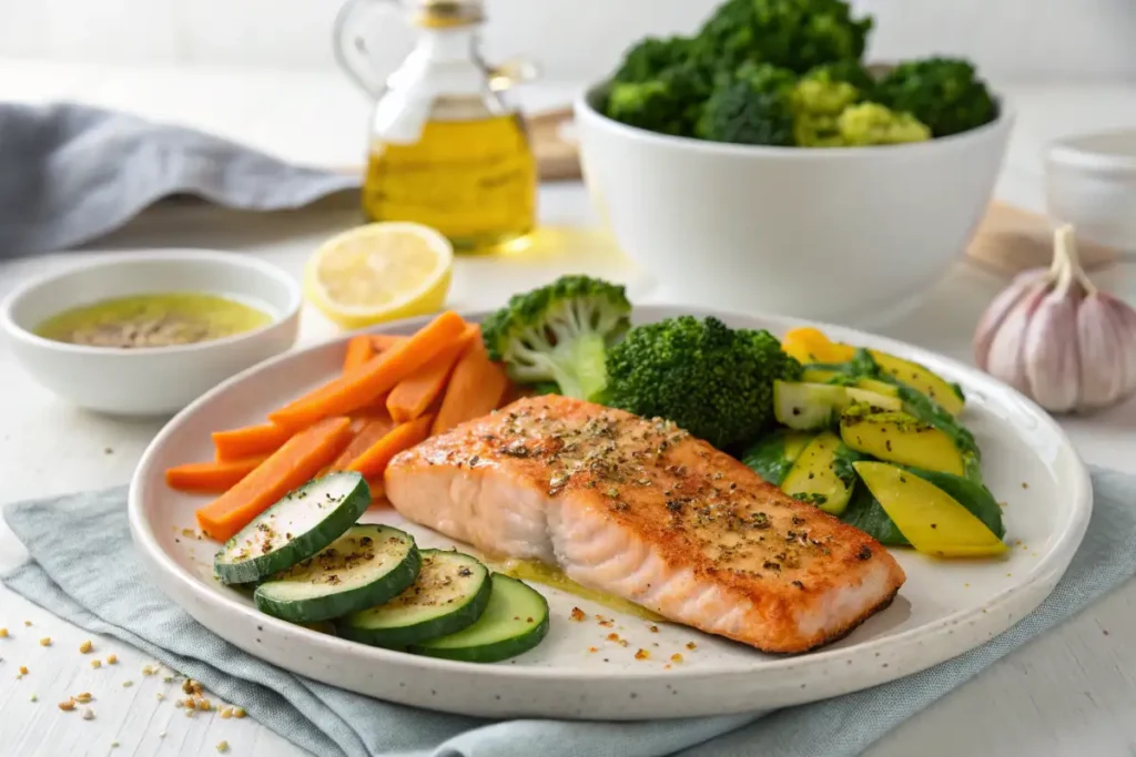 Antientzündliche Ernährung Rezepte – Lachs mit Gemüse Antientzündliche Mahlzeit mit Lachs, gedünstetem Gemüse (Brokkoli, Karotten, Zucchini) und Olivenöl.