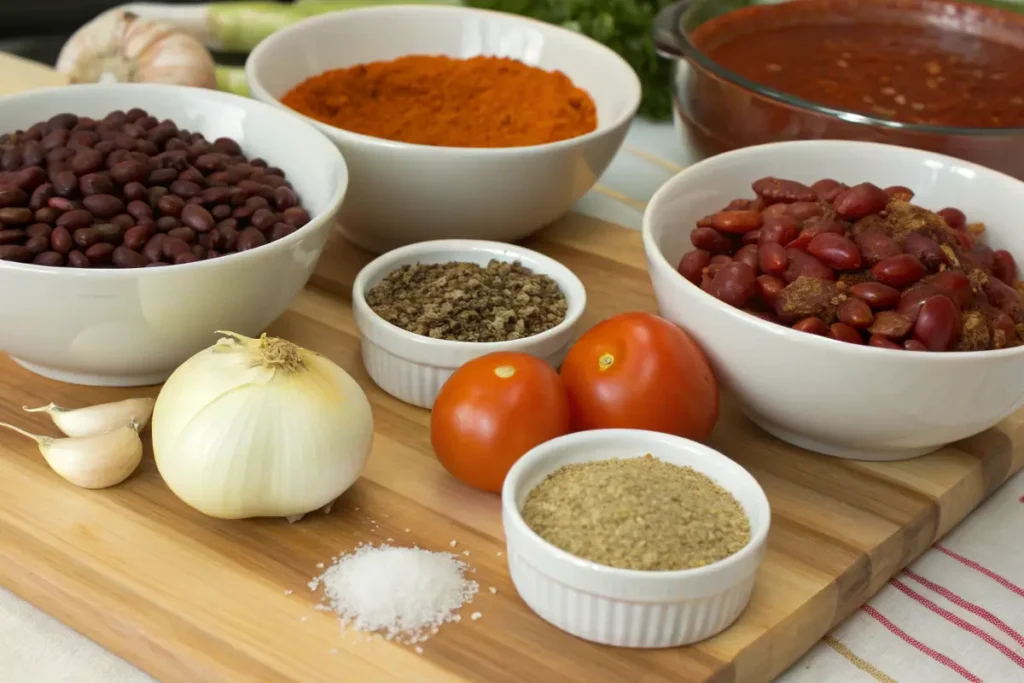 Dicke Bohnen – Zutaten für das Rezept Zutaten für dicke Bohnen, darunter Bohnen, Tomaten, Knoblauch, Zwiebeln und Gewürze.