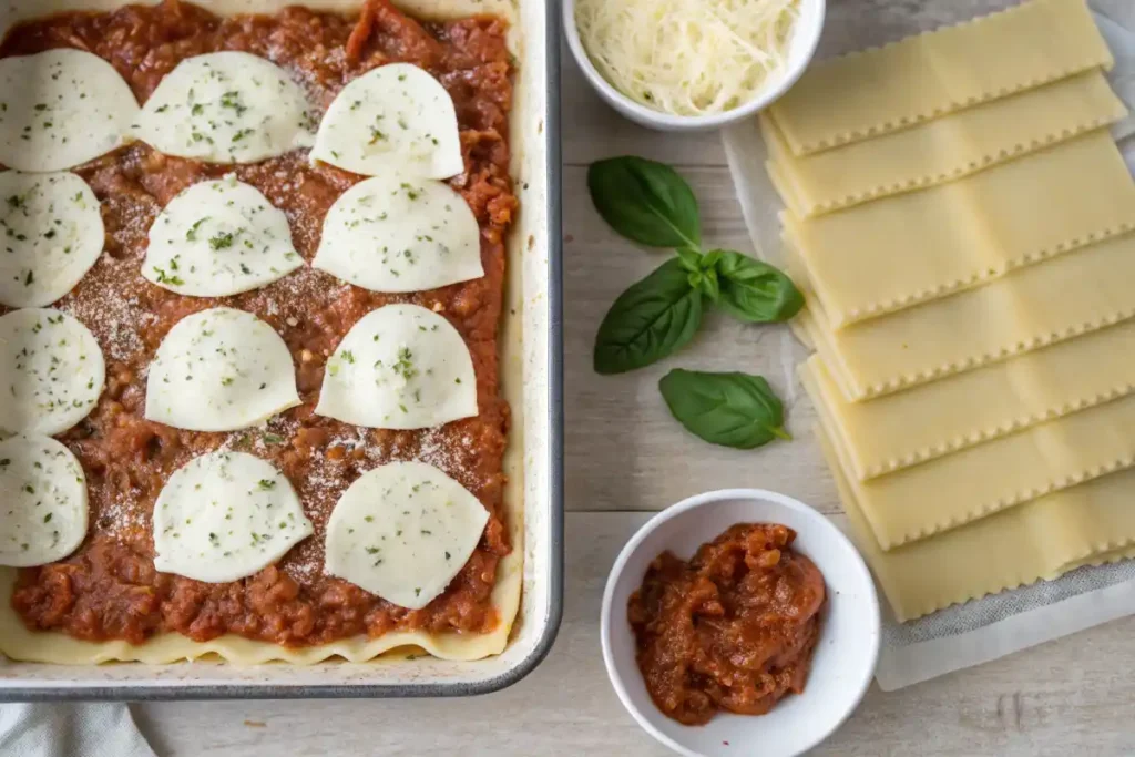 Vorbereitung der klassischen Lasagne Vorbereitung einer klassischen Lasagne mit Bolognese-Sauce, Mozzarella und Lasagneblättern.