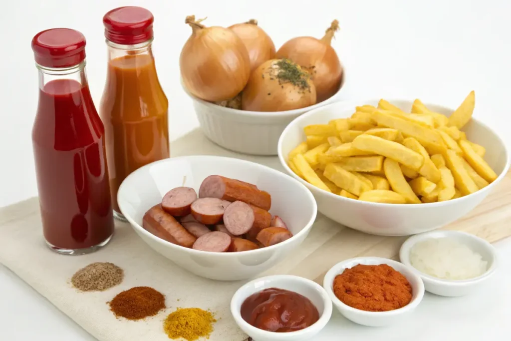 Zutaten für Currywurst mit Pommes – Wurst, Pommes, Zwiebeln, Gewürze und Currysauce.